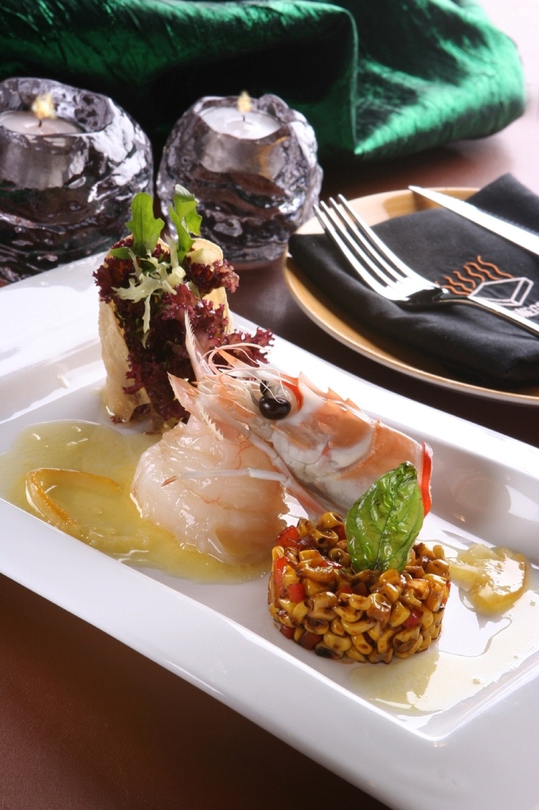 Chilled king prawn appetiser with corn salsa and citrus